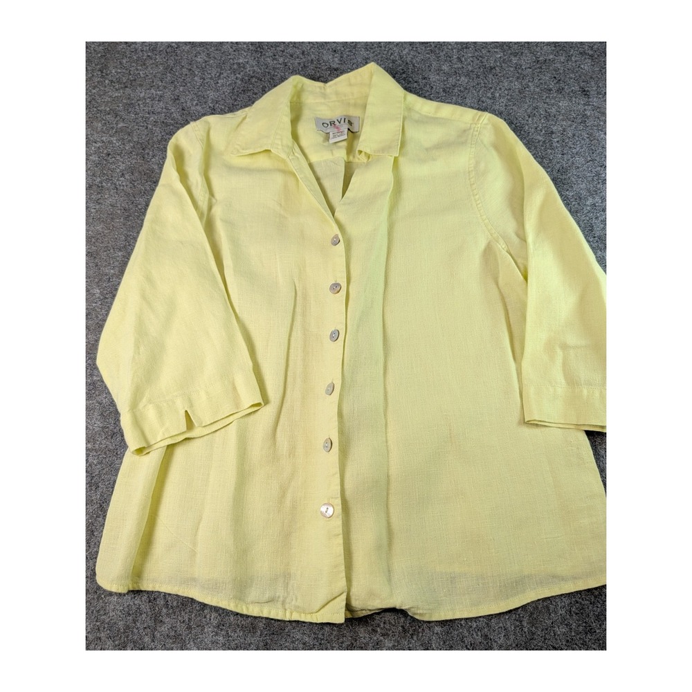 Orvis Womens Medium 10/12 Yellow 100% Linen 3/4 Sleeve Button Down Shirt Top